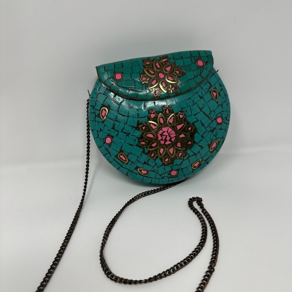 Stunning Mosaic Tile Clutch Crossbody Handbag - Structured - Teal & Pink Unique